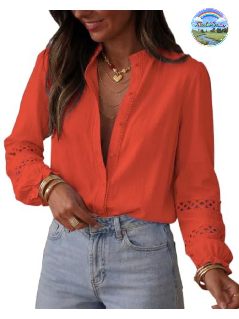 Eyelet Button Up Shirt Long Sleeve Cotton Blouse Boho Top